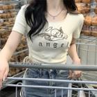 Short-sleeve Angel Print Drawstring T-shirt Almond - One Size