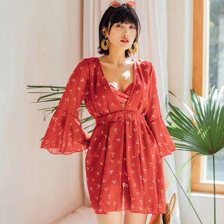 Set Of 3: Floral Bikini Top + Swim Bottom + Elbow-sleeve Cover-up