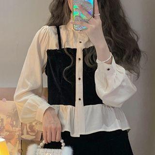 Mock Two-piece Puff-sleeve Blouse Almond - One Size