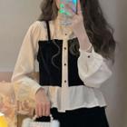 Mock Two-piece Puff-sleeve Blouse Almond - One Size