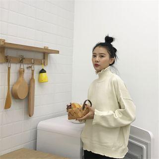 Mock-neck Plain Ruffle Long-sleeve Sweater