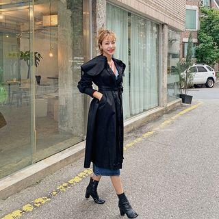 Capelet-collar Open-front Long Coat With Sash