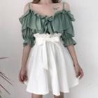 Off-shoulder Elbow-sleeve Blouse / High Waist A-line Skirt