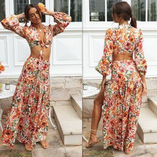 Set: Flower Print Cropped Blouse + Maxi A-line Skirt