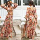 Set: Flower Print Cropped Blouse + Maxi A-line Skirt