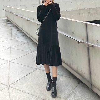 Velvet Mock-neck Ruffle A-line Midi Dress