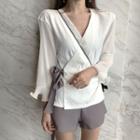 Long-sleeve V-neck Chiffon Blouse / Plain Shorts