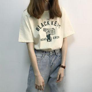 Elbow-sleeve Graphic Print T-shirt Almond - One Size