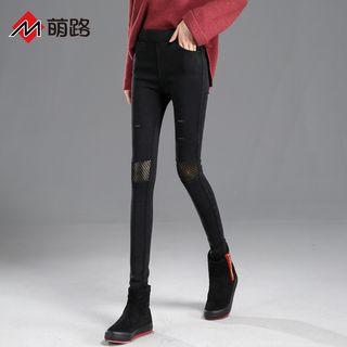 Fleece-lined Mesh Panel Skinny Pants