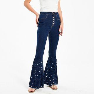 Faux Pearl Bell Bottom Jeans