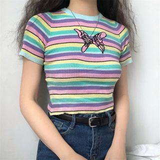 Stripes Short Sleeve Knit Top Stripe - One Size