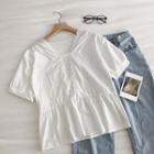 Plain V-neck Lace-trim Short-sleeve Blouse White - One Size