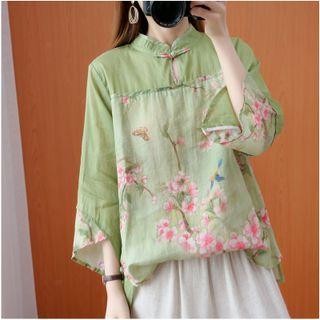 3/4-sleeve Mandarin Collar Floral Blouse