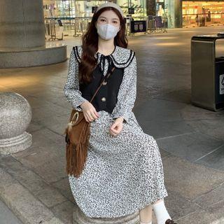 Button-up Vest / Long-sleeve Floral Dress