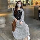 Button-up Vest / Long-sleeve Floral Dress