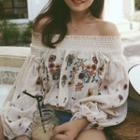 Long-sleeve Embroidered Off-shoulder Top