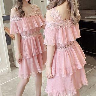 Lace Panel Off-shoulder Chiffon Elbow Sleeve Dress
