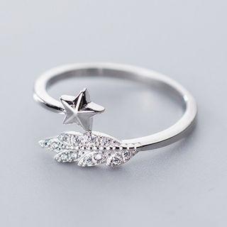 925 Sterling Silver Rhinestone Feather Open Ring Ring - One Size