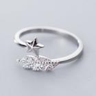 925 Sterling Silver Rhinestone Feather Open Ring Ring - One Size