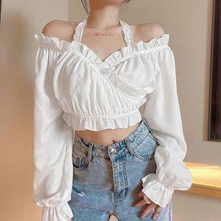 Flared-cuff Halter-neck Off-shoulder Ruffle Trim Crop Top