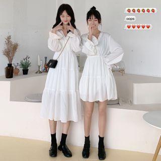 Plain Long-sleeve V-neck A-line Dress