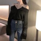 Long-sleeve Off-shoulder Plain Top Black - One Size