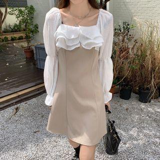 Long-sleeve Square-neck Ruffled Mini A-line Dress