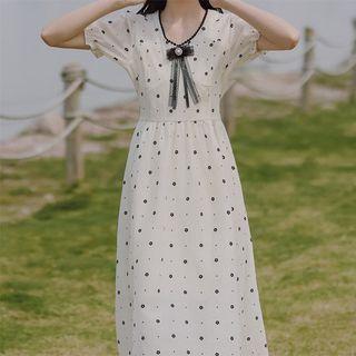 Puff-sleeve Flora Midi A-line Dress