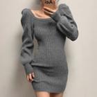 Balloon-sleeve Square Neck Sheath Knit Dress