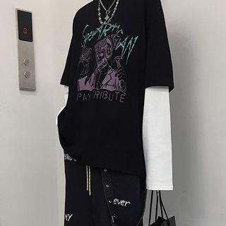 Long-sleeve Mock Two-piece Face-print T-shirt