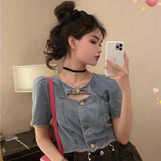 Short-sleeve Cutout Denim Top Denim Blue - One Size
