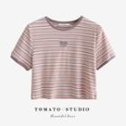 Crewneck Embroider Two Tone Striped Cropped Top