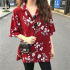 Flower Print Elbow-sleeve Shirt Red - One Size
