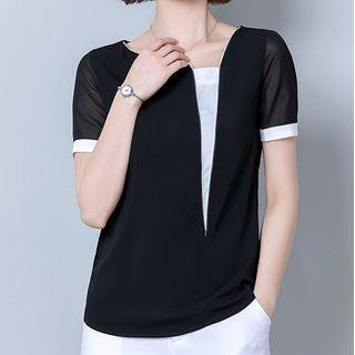 Short-sleeve Two Tone Chiffon Panel Top