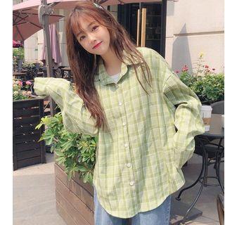 Wide Long-sleeve Plaid Shirt Top