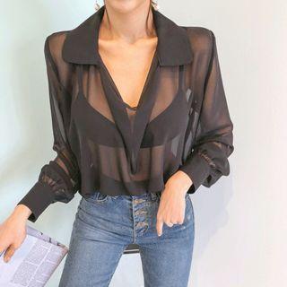 Bishop-sleeve See-through Shirt