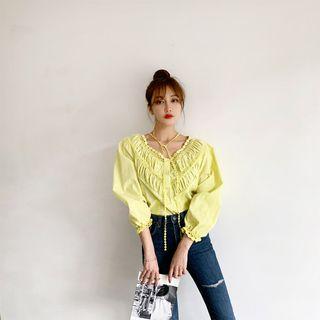 Tie-neck Lace Trim Shirred Blouse