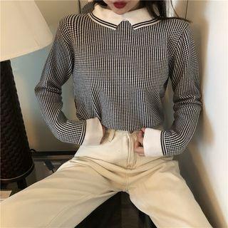 Patterned Collared Knit Top Plaid - White - One Size