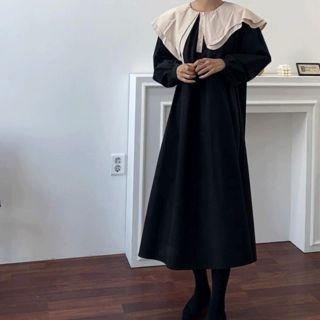 Layered Asymmetric-collar Half-placket Shirtdress With Sash