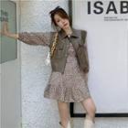 Long-sleeve Floral Print Mini Dress / Faux Leather Button-up Vest