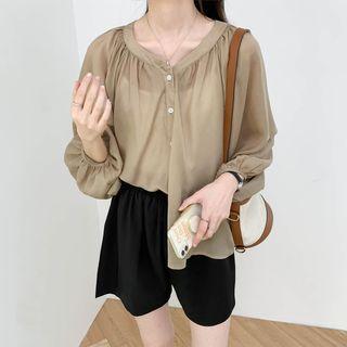 Round-neck Plain Button-up Oversize Blouse