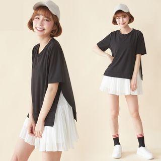 Set: Short Sleeve Plain Top + A-line Tank Dress Black - One Size