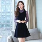 Set: Long-sleeve Frill-neck Mesh Top + Sleeveless A-line Dress