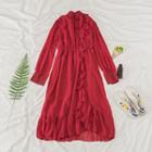 Stand Collar Frilled Trim Dress Red Dress - One Size