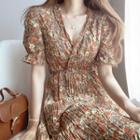 Floral Short-sleeve Crinkled Midi A-line Dress