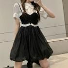 Elbow-sleeve Blouse / Mini A-line Overall Dress