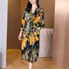 Puff-sleeve Patterned Midi Smock Dress