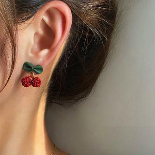 Cherry Drop Sterling Silver Ear Stud 1 Pair - Red & Green - One Size