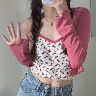 Long-sleeve Plain Cardigan / Floral Knit Camisole Top