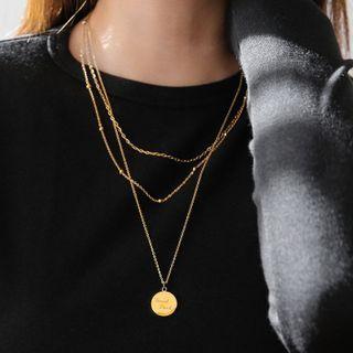 Disc Pendant Stainless Steel Layered Necklace Necklace - Goodluck - Gold - One Size
